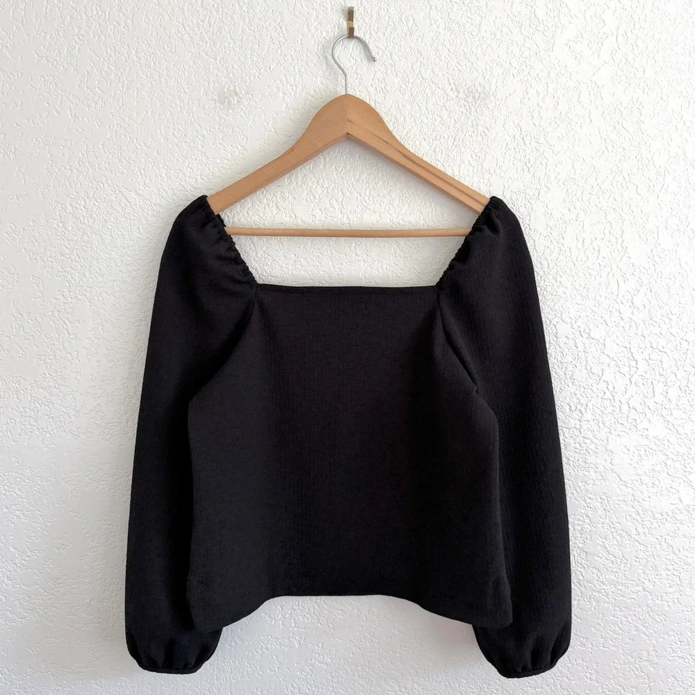 Madewell Crepe Square-Neck Puff-Sleeve Top Black Long Sleeve Romantic Womens‎ XS